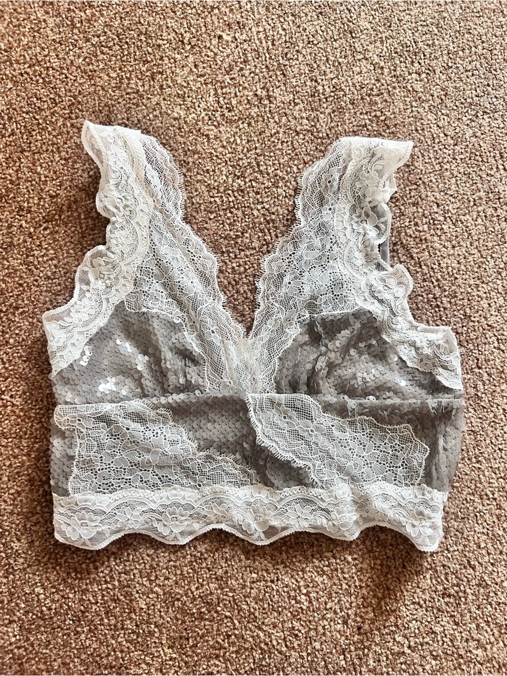 Lace Bralette with Sequin Overlay - Light Gray